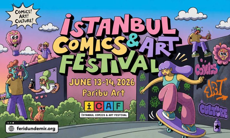 Visitors explore exhibitions and artist booths at Istanbul Comics and Art Festival 2026 in Istanbul.
