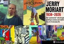 Portrait of Jerry Moriarty alongside artwork from his landmark comic series Jack Survives.