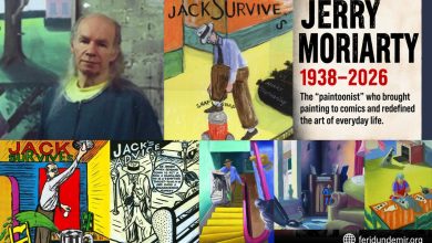 Portrait of Jerry Moriarty alongside artwork from his landmark comic series Jack Survives.