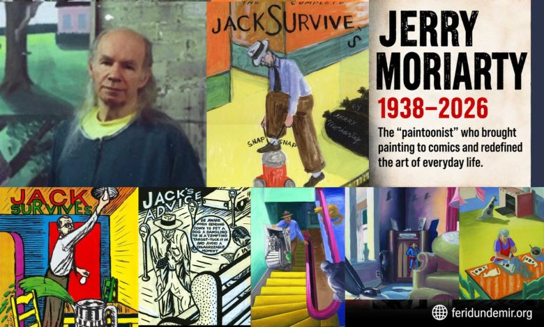 Portrait of Jerry Moriarty alongside artwork from his landmark comic series Jack Survives.