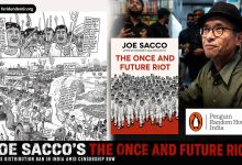Joe Sacco alongside the cover of The Once and Future Riot and Penguin Random House India logo amid controversy over the book’s halted distribution in India.