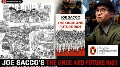 Joe Sacco alongside the cover of The Once and Future Riot and Penguin Random House India logo amid controversy over the book’s halted distribution in India.