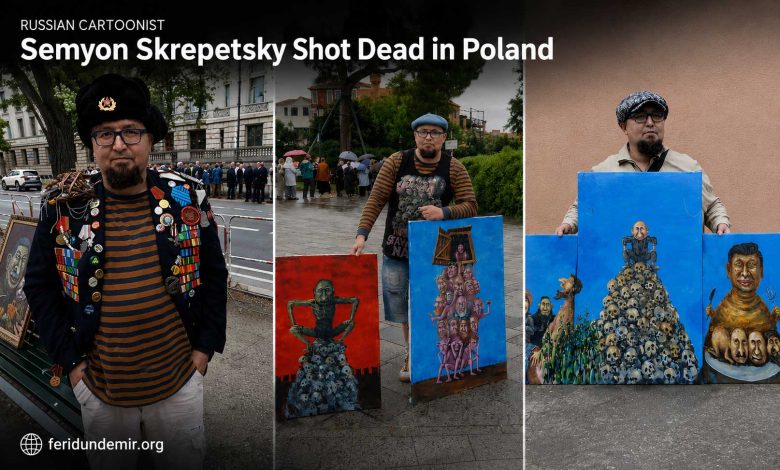 Russian cartoonist Semyon Skrepetsky during a political protest shortly before his death in Poland.