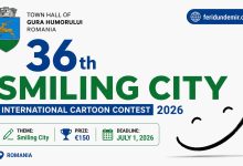 Poster announcing the 36th Smiling City International Cartoon Contest 2026 in Romania