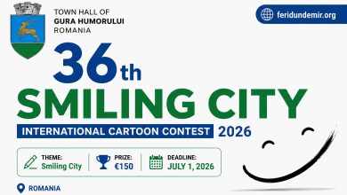 Poster announcing the 36th Smiling City International Cartoon Contest 2026 in Romania