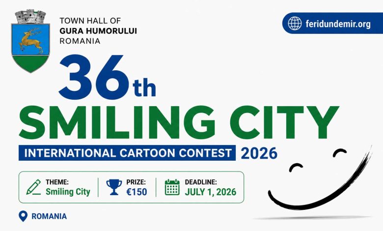 Poster announcing the 36th Smiling City International Cartoon Contest 2026 in Romania