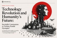 Editorial illustration showing a human figure emerging from digital circuits above factories, smart agriculture, and automation systems, symbolizing the future of technology and society.
