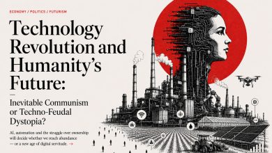 Editorial illustration showing a human figure emerging from digital circuits above factories, smart agriculture, and automation systems, symbolizing the future of technology and society.