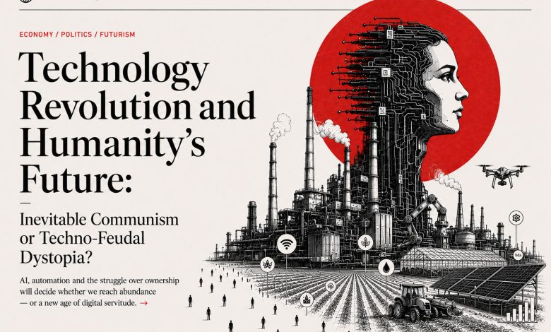 Editorial illustration showing a human figure emerging from digital circuits above factories, smart agriculture, and automation systems, symbolizing the future of technology and society.