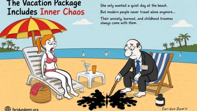Cartoon showing a businessman drawing a black butterfly-shaped inkblot on a beach while a shocked woman watches, symbolizing anxiety, burnout, and emotional baggage during vacation.