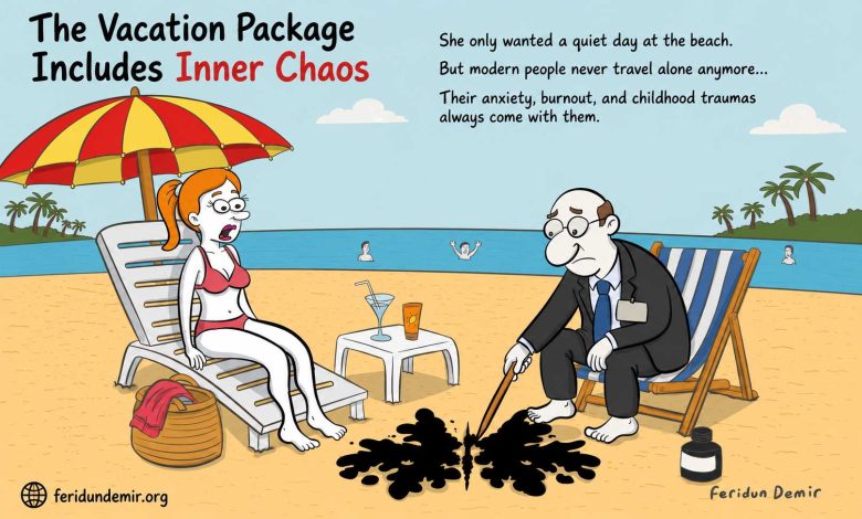Cartoon showing a businessman drawing a black butterfly-shaped inkblot on a beach while a shocked woman watches, symbolizing anxiety, burnout, and emotional baggage during vacation.