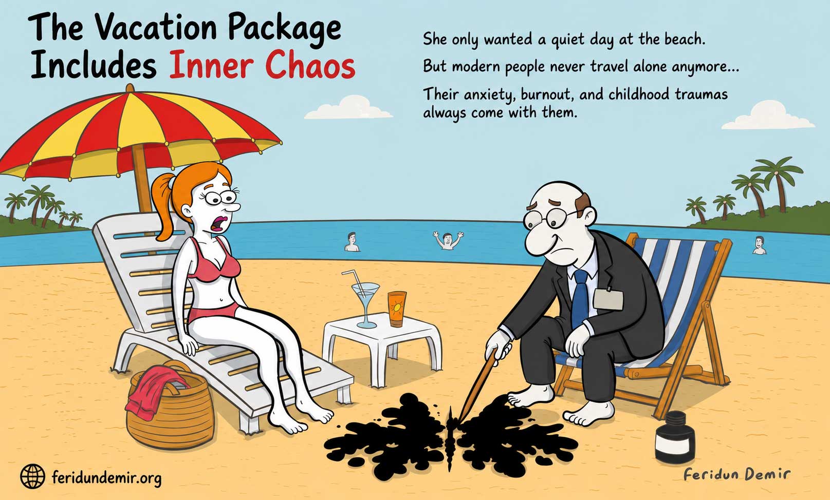 Cartoon showing a businessman drawing a black butterfly-shaped inkblot on a beach while a shocked woman watches, symbolizing anxiety, burnout, and emotional baggage during vacation.