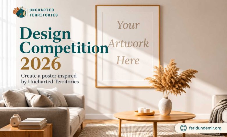 Promotional poster for the Uncharted Territories Design Competition 2026 featuring maps, data visualization, and editorial design elements.