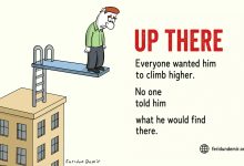 Editorial cartoon of a man standing anxiously on a diving board built on top of a building.