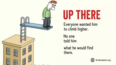 Editorial cartoon of a man standing anxiously on a diving board built on top of a building.