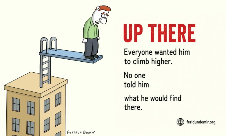 Editorial cartoon of a man standing anxiously on a diving board built on top of a building.