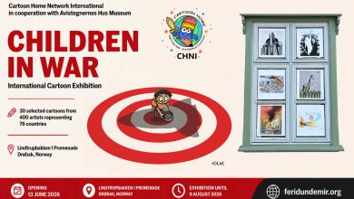 Children in War 2 international political cartoon exhibition opening in Drøbak, Norway, featuring anti-war cartoons by artists from 76 countries.