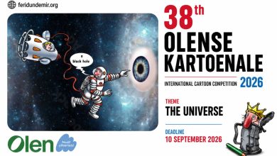 Official announcement of the 38th Olense Kartoenale 2026 international cartoon competition in Belgium featuring the themes “The Universe” and “The Right to Freedom of Expression.”