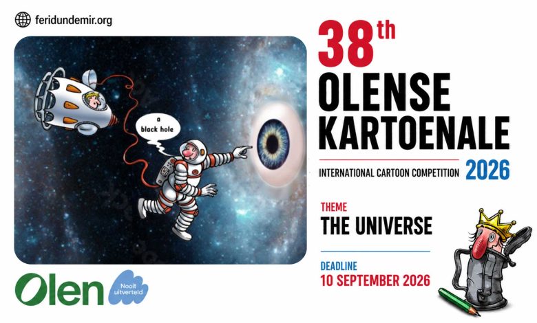 Official announcement of the 38th Olense Kartoenale 2026 international cartoon competition in Belgium featuring the themes “The Universe” and “The Right to Freedom of Expression.”