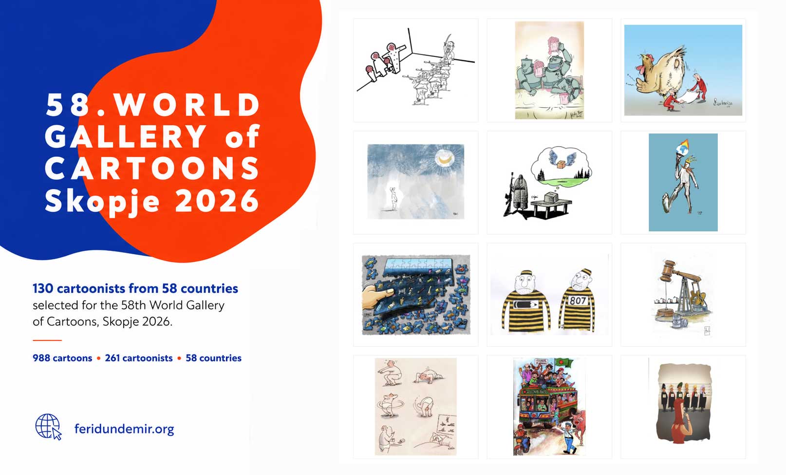 58th World Gallery of Cartoons Skopje 2026 featuring selected international cartoon artworks