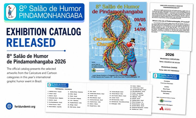 Cover of the exhibition catalog for the 8th Humor Salon in Pindamonhangaba 2026, Brazil.