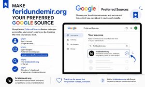 Google Preferred Sources guide showing how to add feridundemir.org as a preferred source in Google Search.