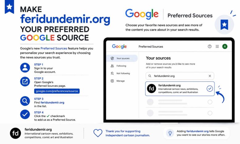 Google Preferred Sources guide showing how to add feridundemir.org as a preferred source in Google Search.