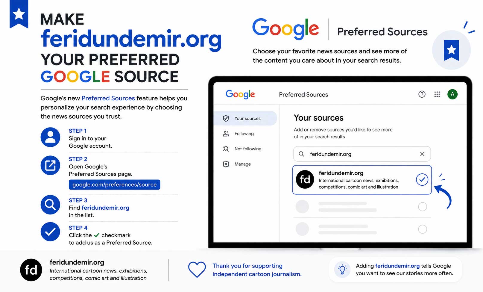 Google Preferred Sources guide showing how to add feridundemir.org as a preferred source in Google Search.