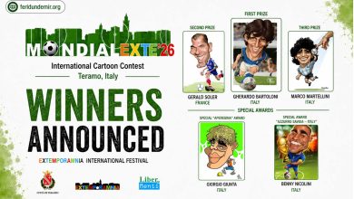 Award-winning caricatures and winners of the MONDIALEXTE 2026 International Caricature Contest at the EXTEMPORAMNIA Festival in Teramo, Italy.