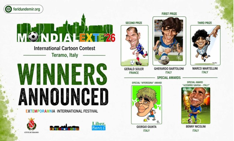 Award-winning caricatures and winners of the MONDIALEXTE 2026 International Caricature Contest at the EXTEMPORAMNIA Festival in Teramo, Italy.