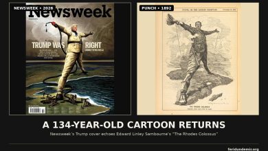 Newsweek Trump cover compared with Edward Linley Sambourne’s 1892 Rhodes Colossus cartoon