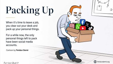 Packing Up cartoon by Feridun Demir showing a worker carrying a box filled with social media icons