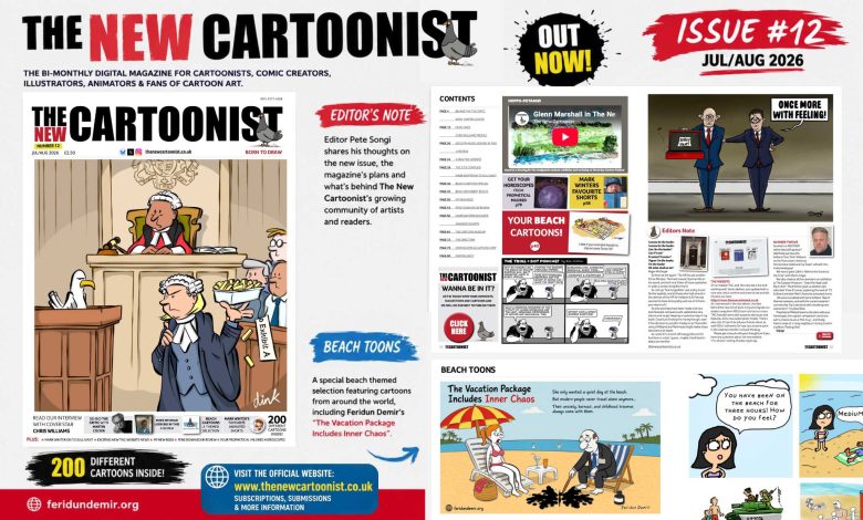 The New Cartoonist Issue #12 July/August 2026 featuring Chris “Dink” Williams and the Beach Toons cartoon selection
