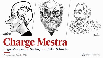 Charge Mestra exhibition featuring Edgar Vasques, Santiago and Celso Schröder