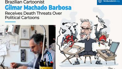 Brazilian cartoonist Gilmar Machado Barbosa and his editorial cartoon
