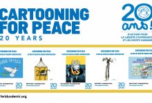 Cartooning for Peace 20th anniversary featuring cartoons by Adène, Jeff Koterba, Elena Ospina, Marilena Nardi and Hector.