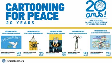 Cartooning for Peace 20th anniversary featuring cartoons by Adène, Jeff Koterba, Elena Ospina, Marilena Nardi and Hector.