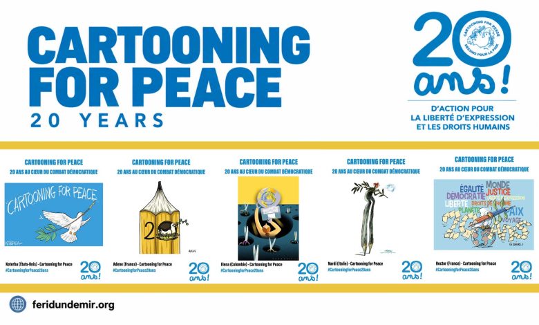 Cartooning for Peace 20th anniversary featuring cartoons by Adène, Jeff Koterba, Elena Ospina, Marilena Nardi and Hector.
