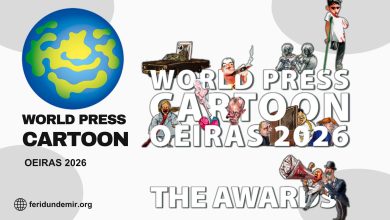 World Press Cartoon Oeiras 2026 – The Awards, featuring the official event artwork and cartoon illustrations.